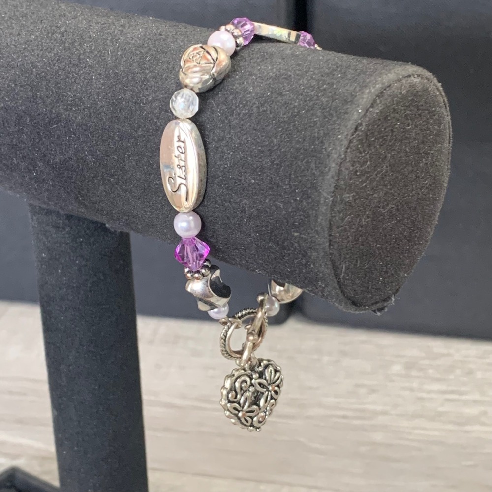 Sister Friend Forever Beaded Charm Bracelet Purple Crystals Pearls Heart Toggle